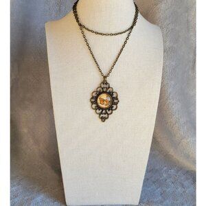 Vintage Inspired Ornate Bronze Tone Orange Butterfly Pendant Necklace N1F